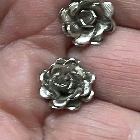 Silver Trifari Rose Floral Stud Earrings - Picture 3 of 6